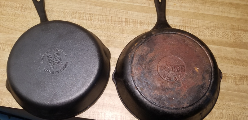 The Lodge has a ring engraved into the bottom, the Chinese pan does not. The finish of the Chinese pan is every bit as smooth as the well seasoned Lodge though.